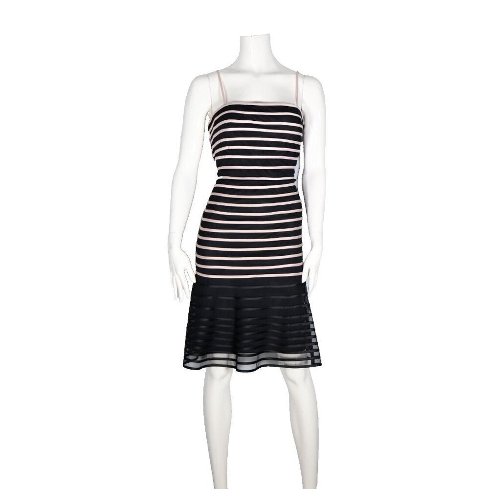 JS Collections Women's US12 Black Beige Cocktail Dress Striped Satin Mesh Mini